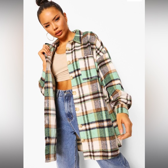 Boohoo Green Flannel Oversized Shirt - Picture 1 of 5